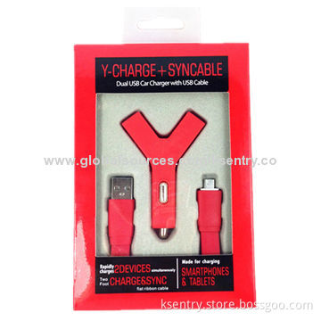 Manufacture Y-shape Dual-USB 2.1A Car Charger with Big Flat Cable and Good Package for iPhone 5/iPad